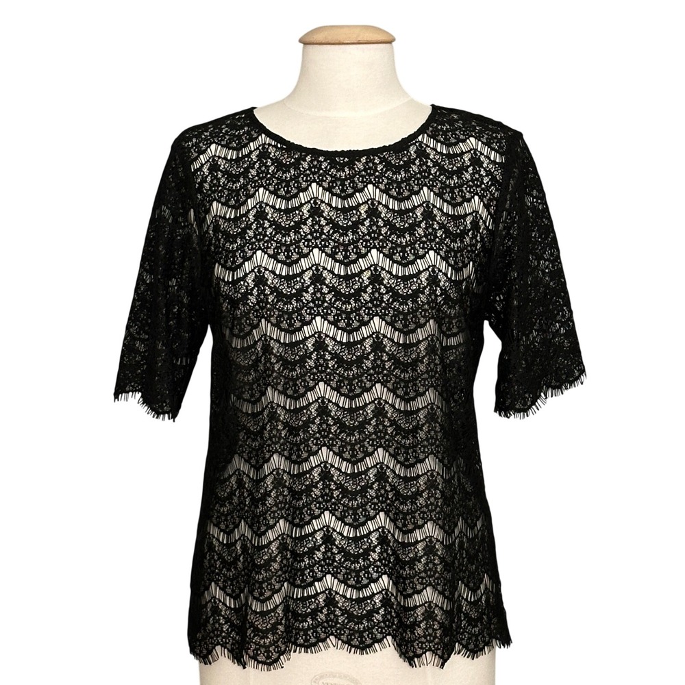 Lavender Brown Women Top L Black Sheer Lace Gothic Romantic Whimsigoth Victorian